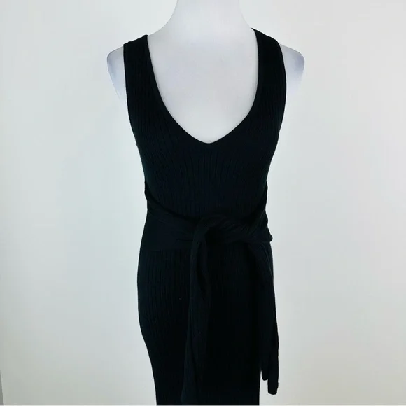 Good American Black Bodycon Ribbed Knit Tie Waist Midi Dress Size 1 Small - Picture 3 of 11